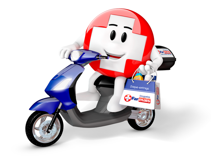 Mascote da Farmais em uma moto de delivery